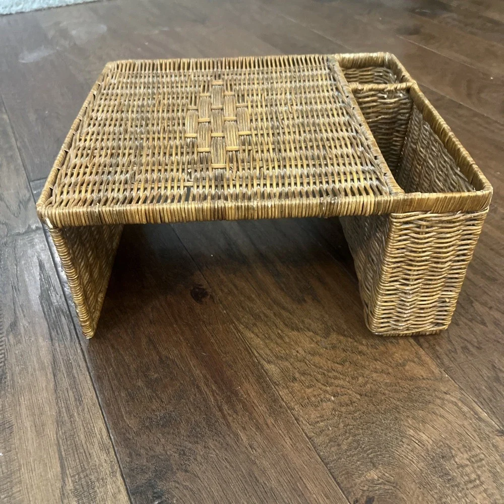 Vintage Rattan Bed Couch Tray Organizer Desk Table Rustic Wicker Storage Remote